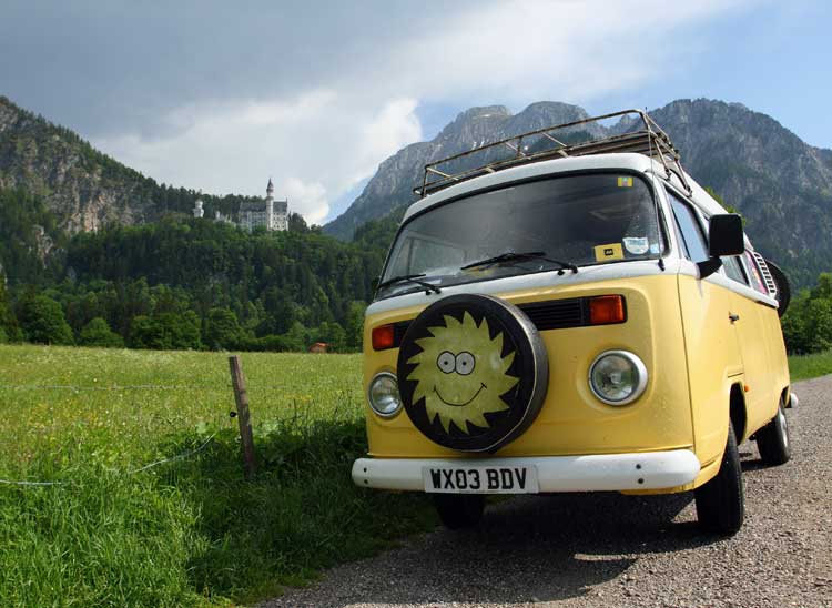 Old VW campervan in the mountains.